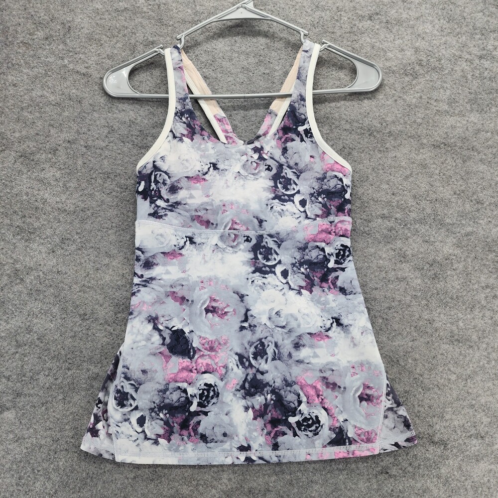 Lululemon Tank Top Womens 4 Gray Floral Built in Bra Activewear Yoga